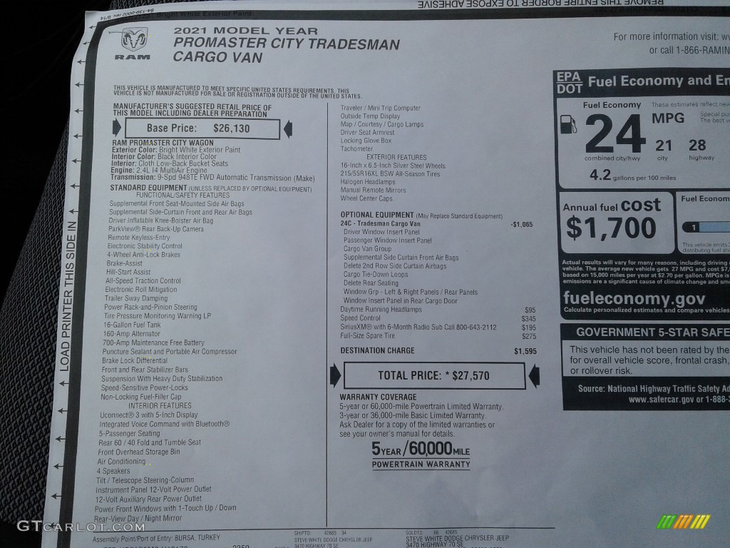 2021 Ram ProMaster City Tradesman Cargo Van Window Sticker Photo #141972171
