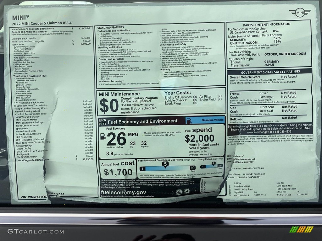 2022 Mini Clubman Cooper S All4 Window Sticker Photos