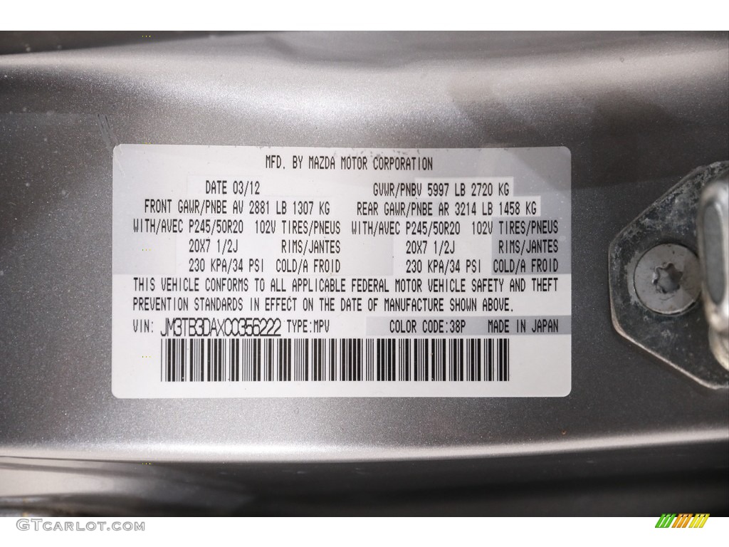 2012 CX-9 Color Code 38P for Liquid Silver Meatllic Photo #141993945