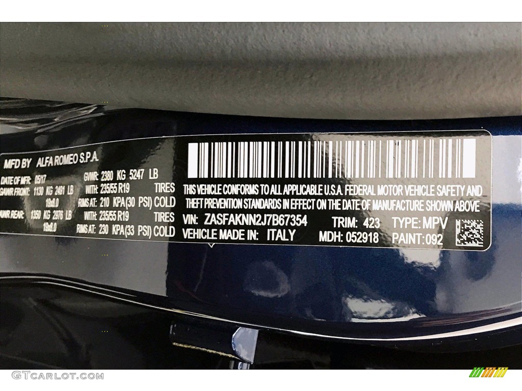 2018 Alfa Romeo Stelvio Ti Sport AWD Color Code Photos