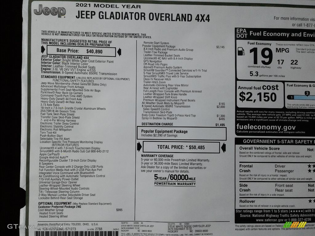 2021 Gladiator Overland 4x4 - Bright White / Black photo #29