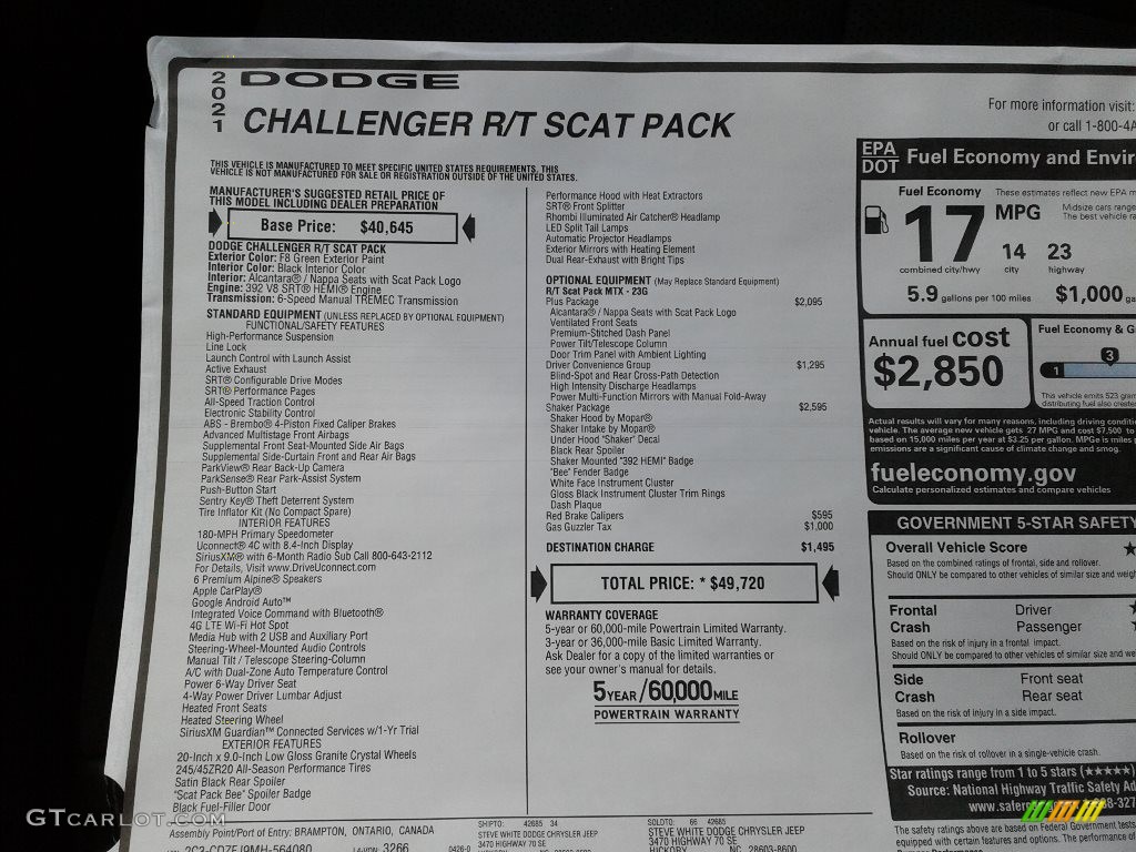 2021 Dodge Challenger R/T Scat Pack Shaker Window Sticker Photo #142000650