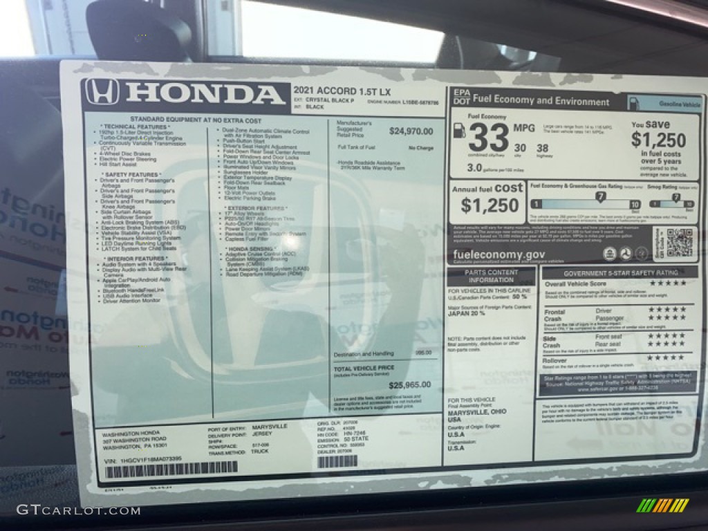 2021 Accord LX - Crystal Black Pearl / Black photo #5