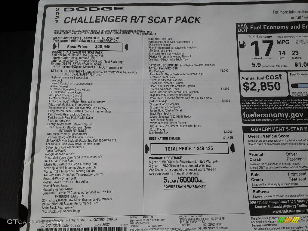 2021 Dodge Challenger R/T Scat Pack Shaker Window Sticker Photo #142001370