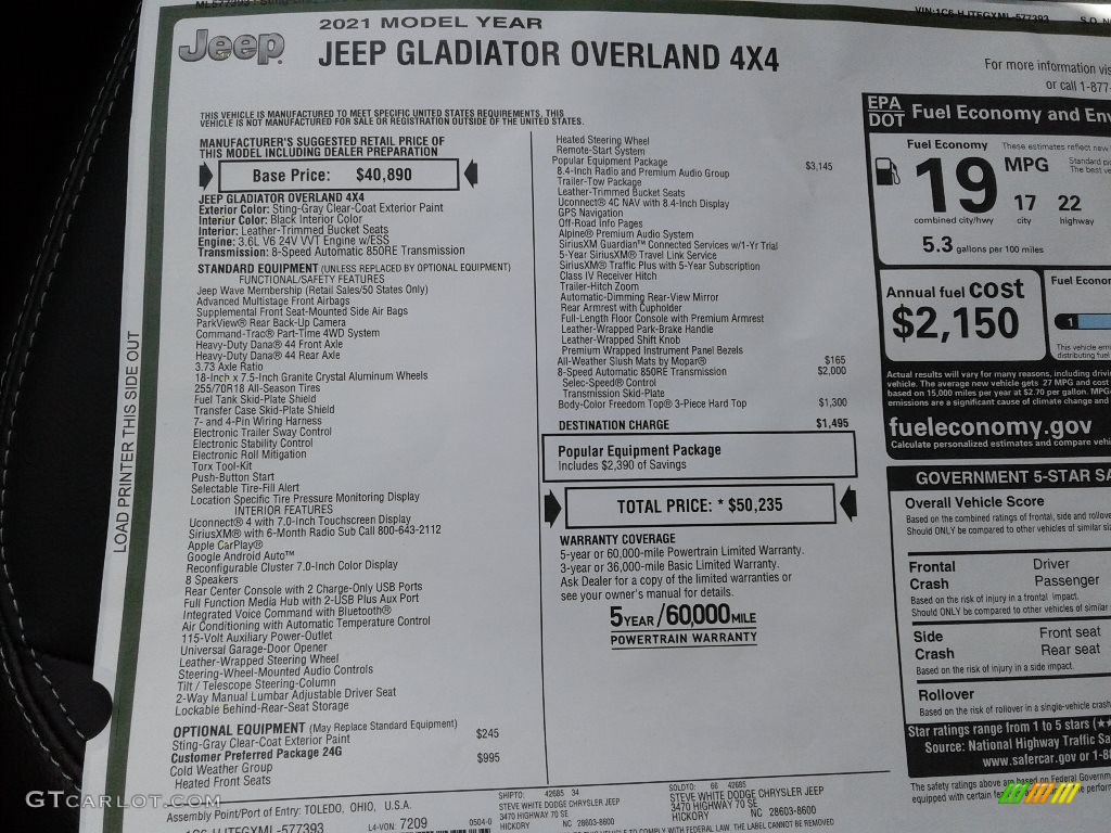 2021 Gladiator Overland 4x4 - Sting-Gray / Black photo #31