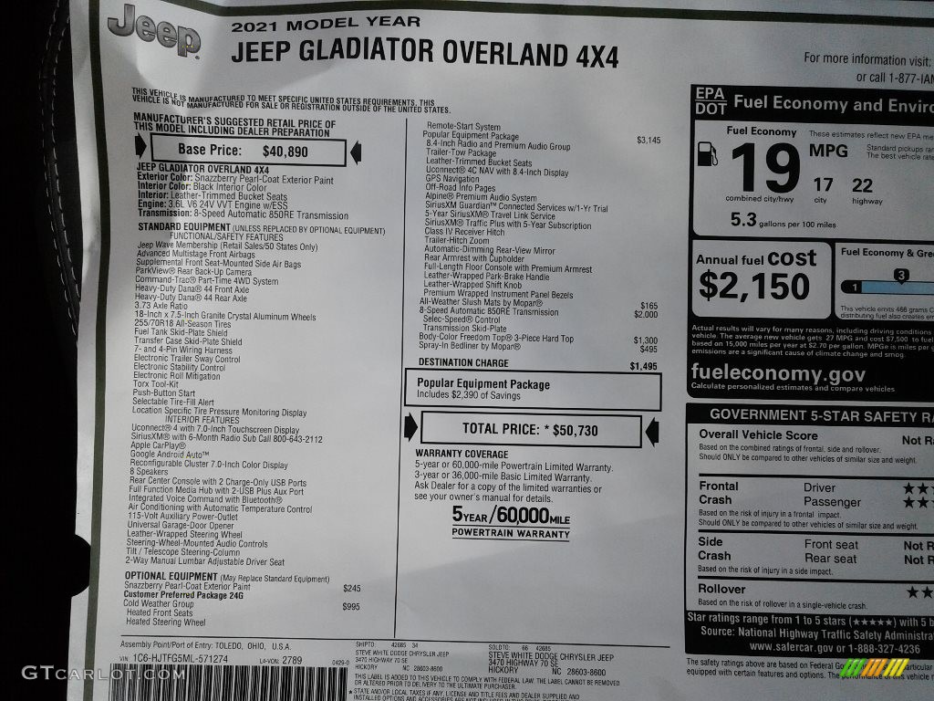 2021 Jeep Gladiator Overland 4x4 Window Sticker Photo #142010735