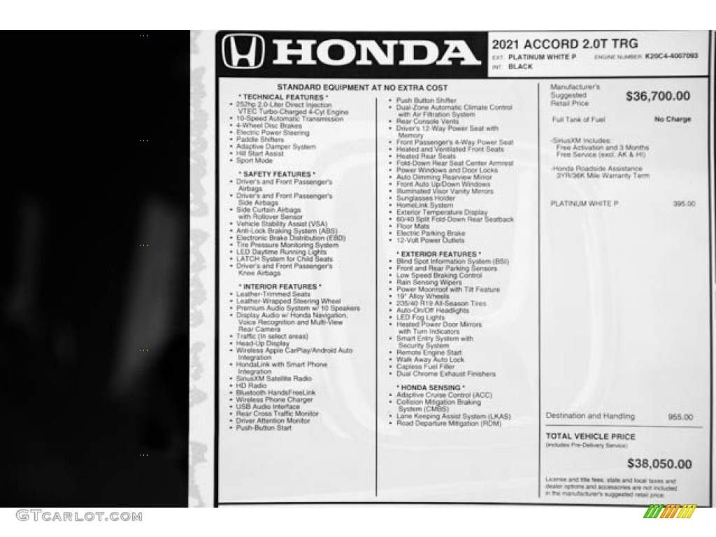 2021 Accord Touring - Platinum White Pearl / Black photo #40