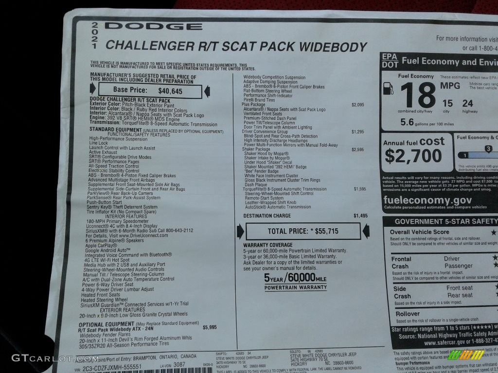 2021 Dodge Challenger R/T Scat Pack Widebody Window Sticker Photo #142021794