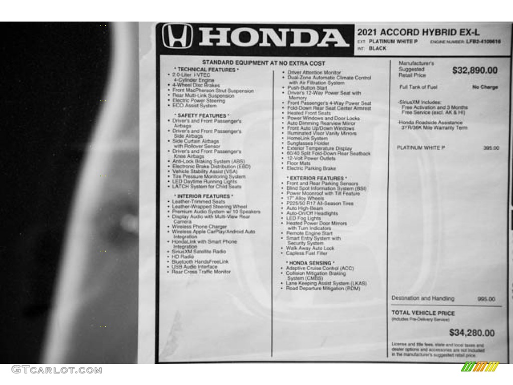 2021 Accord EX-L Hybrid - Platinum White Pearl / Black photo #38