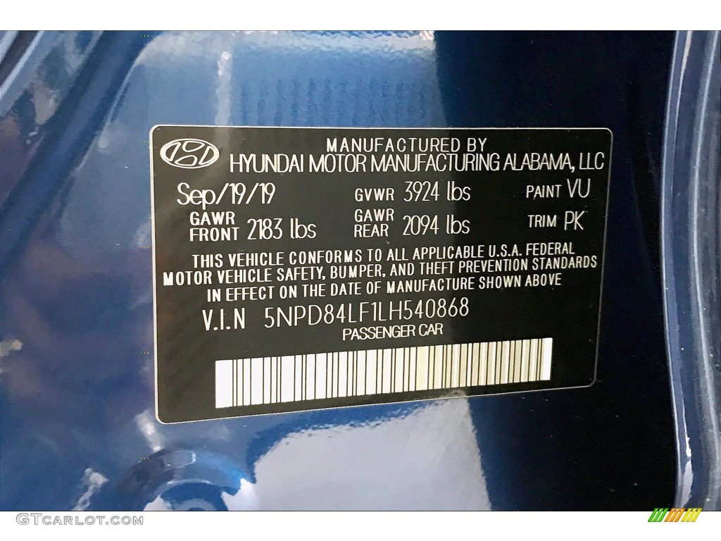 2020 Elantra Color Code VU for Lakeside Blue Photo #142022703