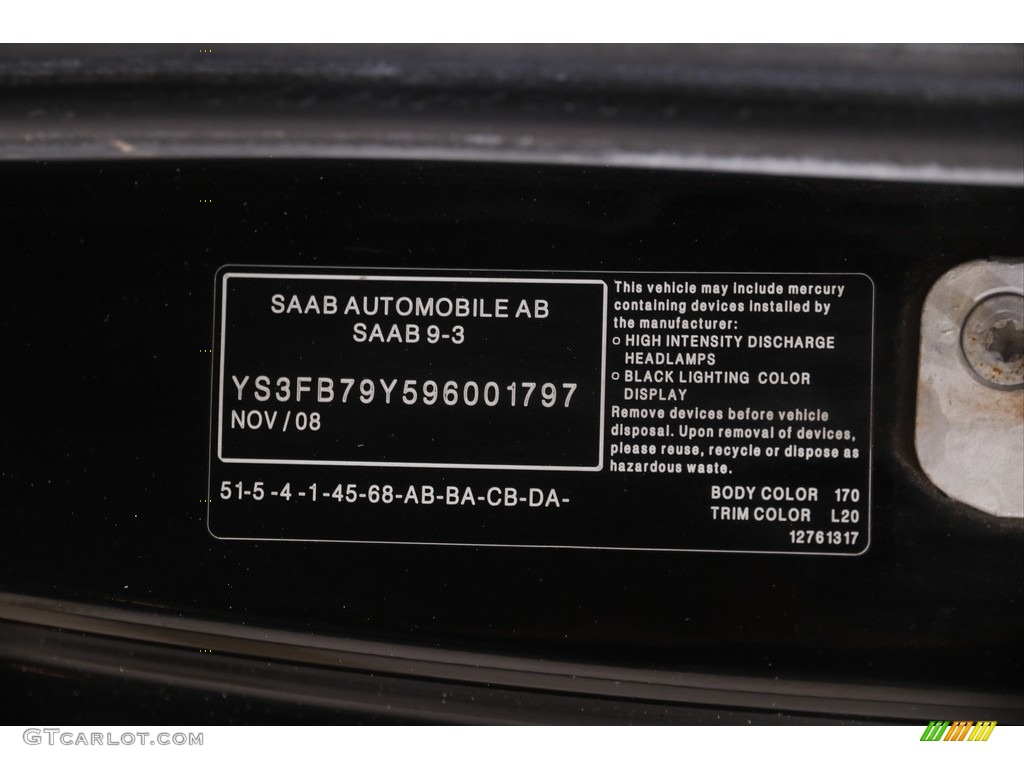 2009 Saab 9-3 2.0T Convertible Color Code Photos