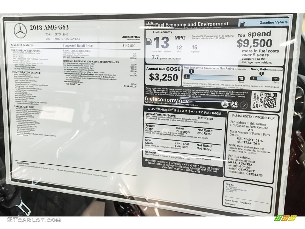 2018 Mercedes-Benz G 63 AMG Window Sticker Photo #142049323