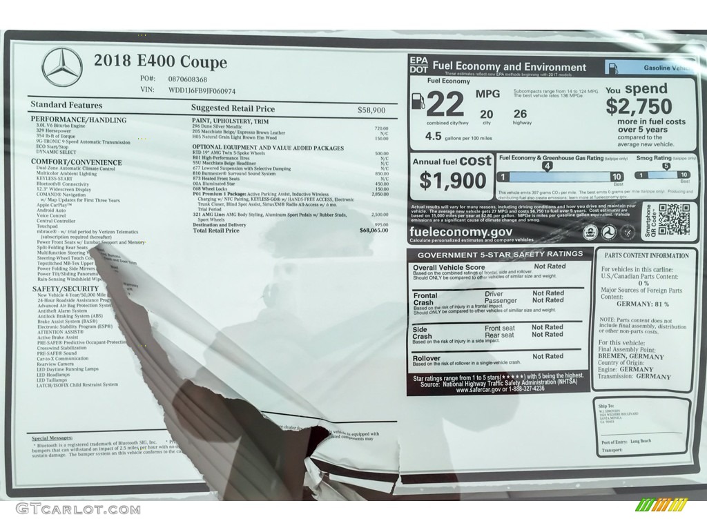 2018 Mercedes-Benz E 400 Coupe Window Sticker Photo #142050049