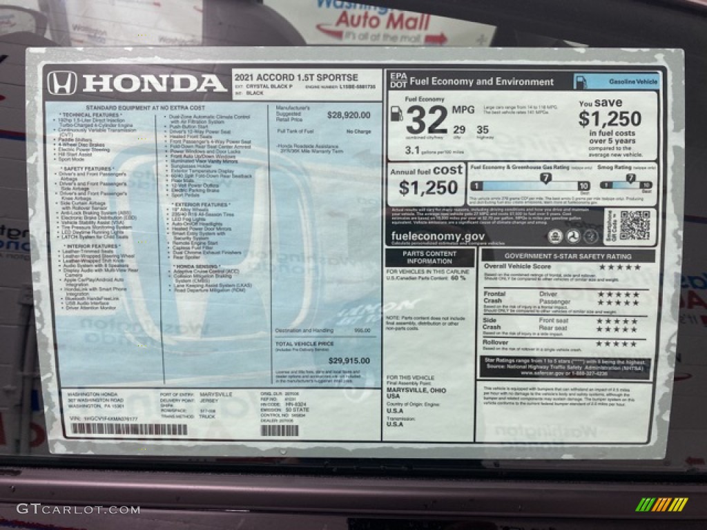 2021 Honda Accord Sport SE Window Sticker Photos