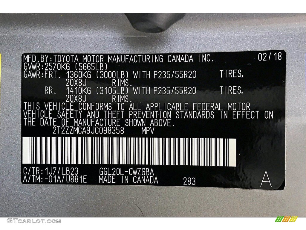 2018 Lexus RX 350 Color Code Photos