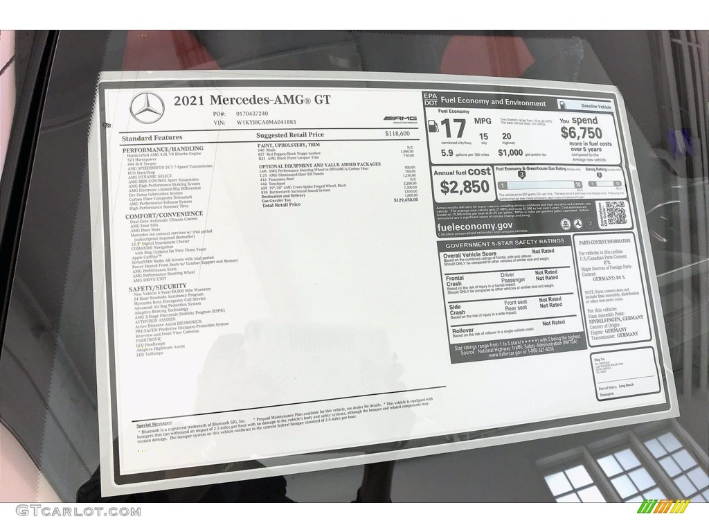 2021 Mercedes-Benz AMG GT Coupe Window Sticker Photo #142102493