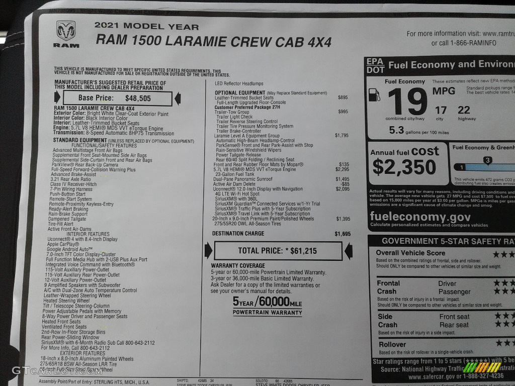 2021 1500 Laramie Crew Cab 4x4 - Bright White / Black photo #34