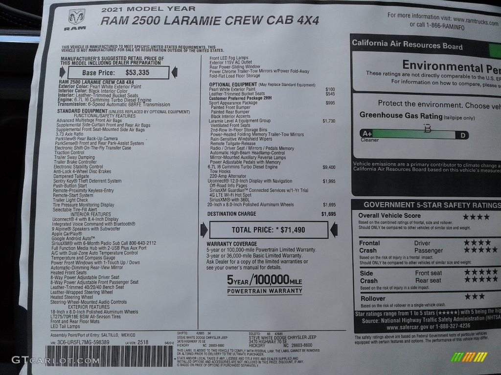 2021 Ram 2500 Laramie Crew Cab 4x4 Window Sticker Photo #142109104