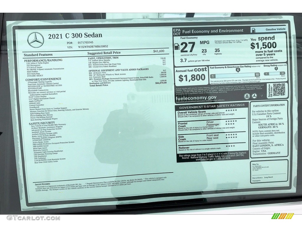 2021 Mercedes-Benz C 300 Sedan Window Sticker Photo #142124310