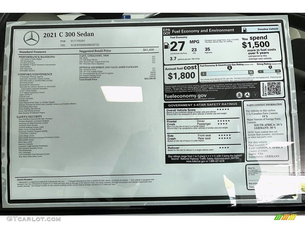 2021 Mercedes-Benz C 300 Sedan Window Sticker Photo #142124979