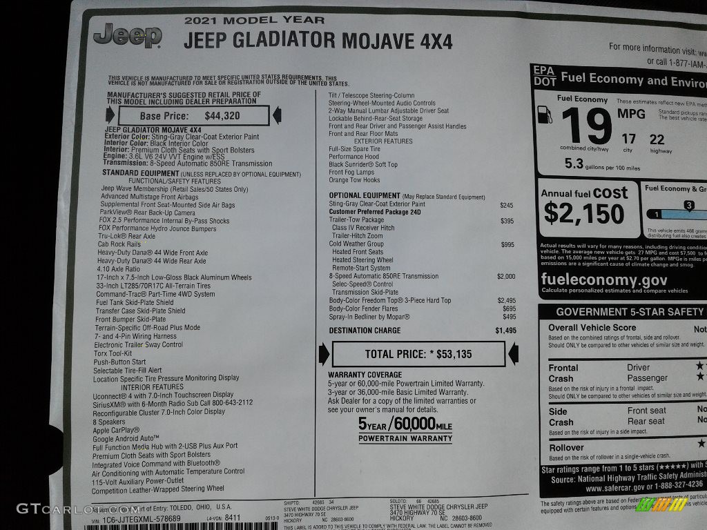 2021 Jeep Gladiator Mojave 4x4 Window Sticker Photo #142129763