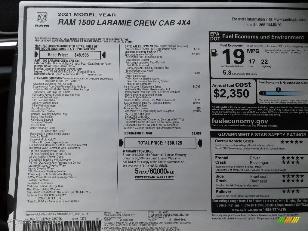 2021 1500 Laramie Crew Cab 4x4 - Diamond Black Crystal Pearl / Black photo #33