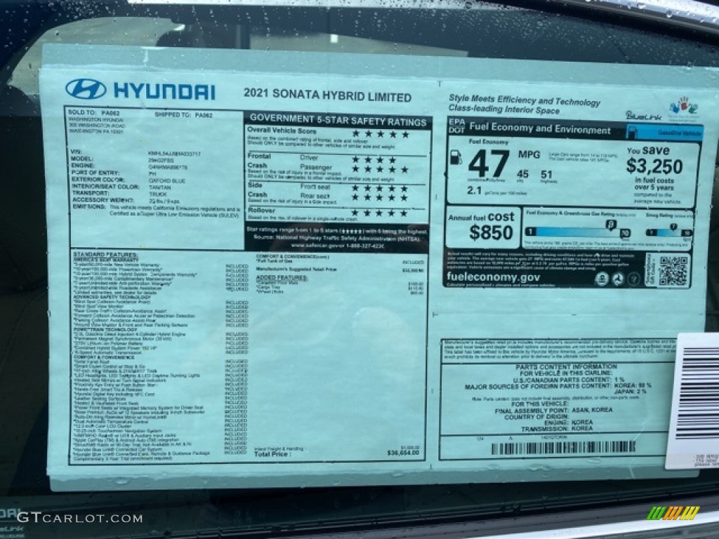 2021 Hyundai Sonata Limited Hybrid Window Sticker Photos
