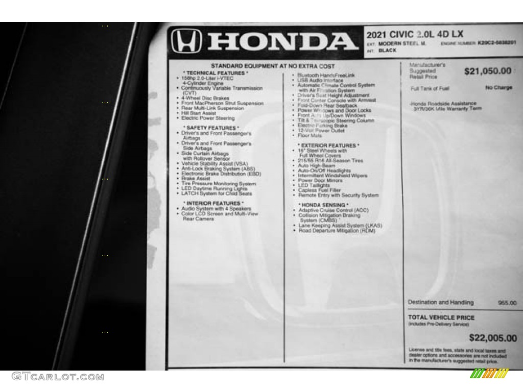 2021 Civic LX Sedan - Modern Steel Metallic / Black photo #37