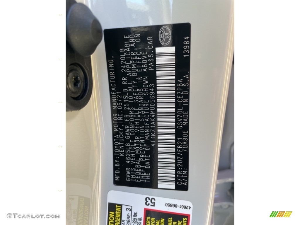 2021 Camry Color Code 2UZ for Wind Chill Pearl Photo #142179102