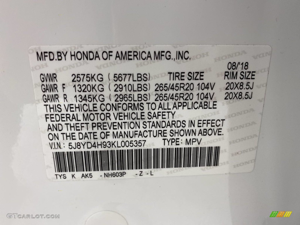 2019 MDX Color Code NH603P for White Diamond Pearl Photo #142206076