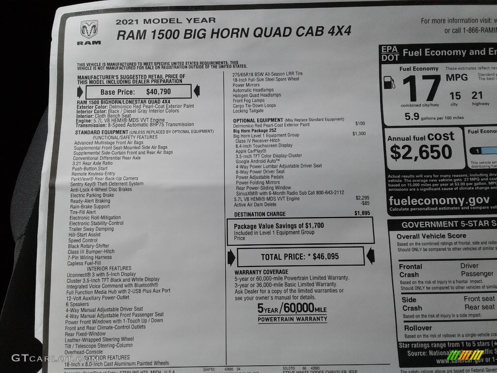 2021 Ram 1500 Big Horn Quad Cab 4x4 Window Sticker Photo #142207486