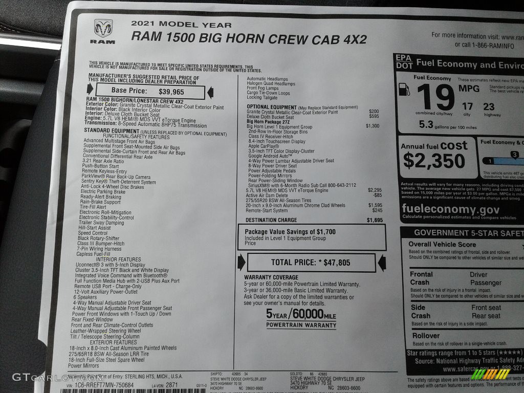 2021 Ram 1500 Big Horn Crew Cab 4x4 Window Sticker Photo #142222173