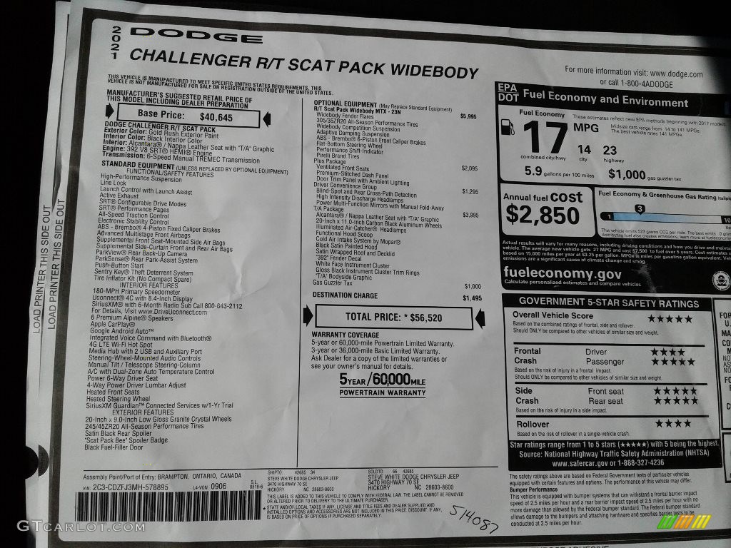 2021 Dodge Challenger R/T Scat Pack Widebody Window Sticker Photo #142234100