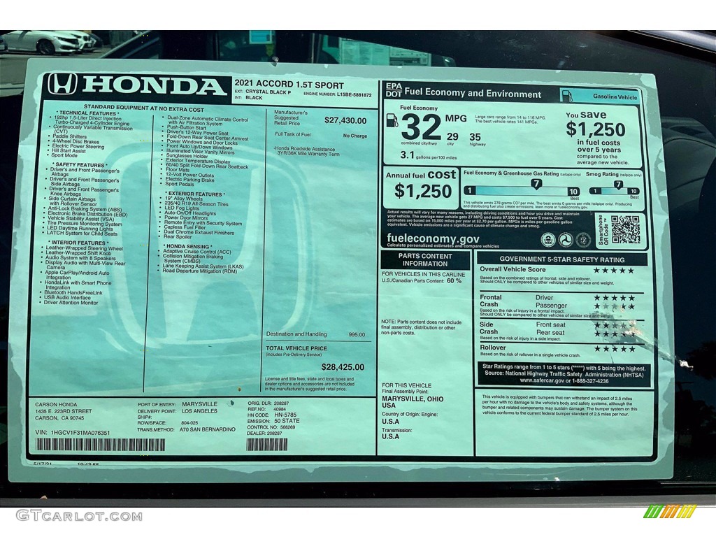2021 Honda Accord Sport Window Sticker Photo #142239089
