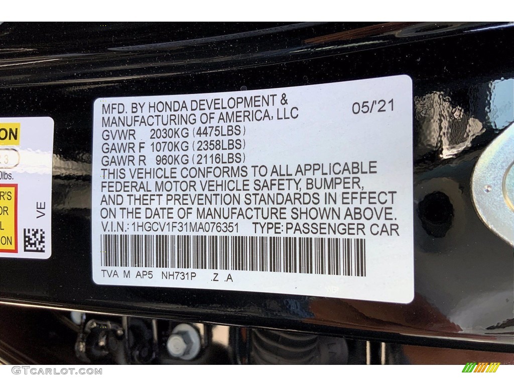 2021 Accord Color Code NH731P for Crystal Black Pearl Photo #142239095