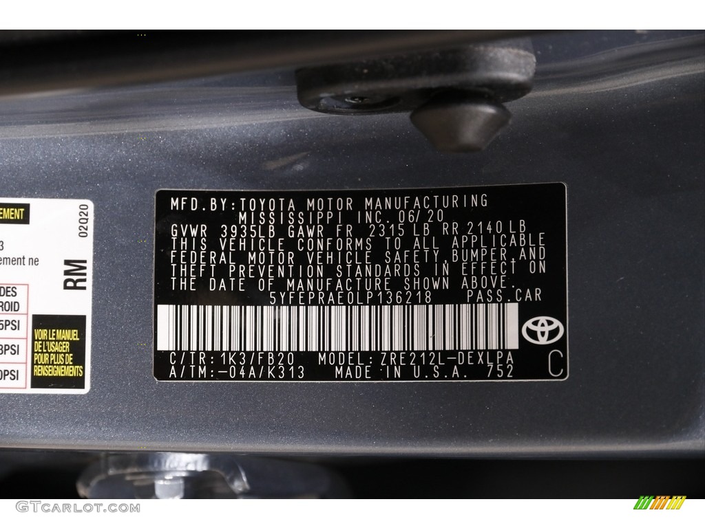 2020 Corolla Color Code 1K3 for Celestite Gray Metallic Photo #142241740