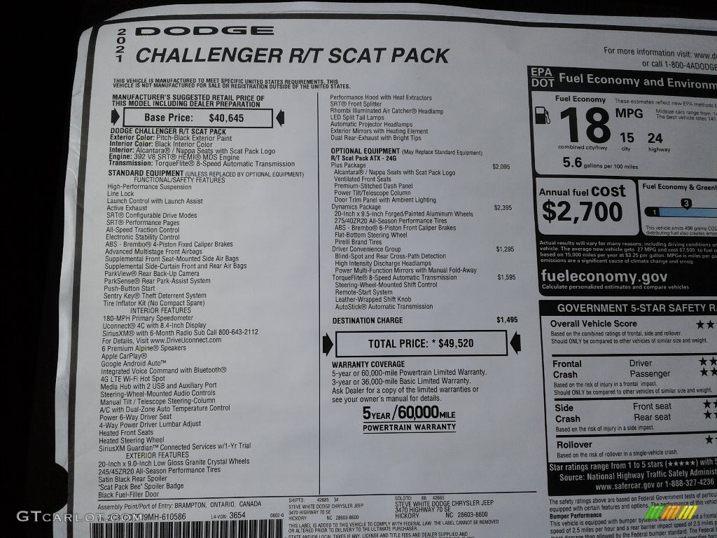 2021 Dodge Challenger R/T Scat Pack Window Sticker Photo #142243210