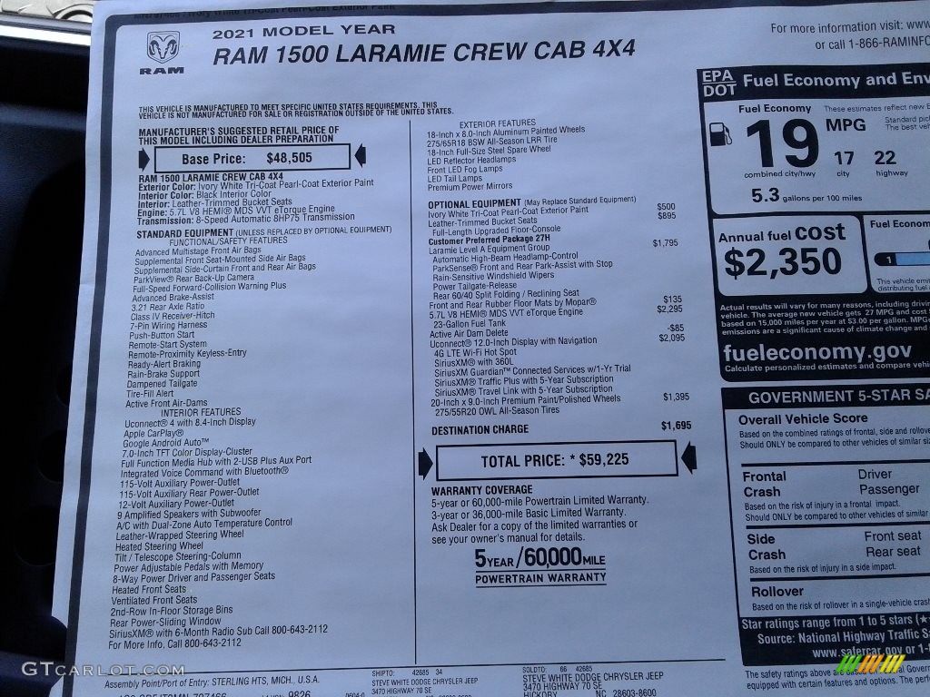 2021 1500 Laramie Crew Cab 4x4 - Ivory White Tri-Coat Pearl / Black photo #32