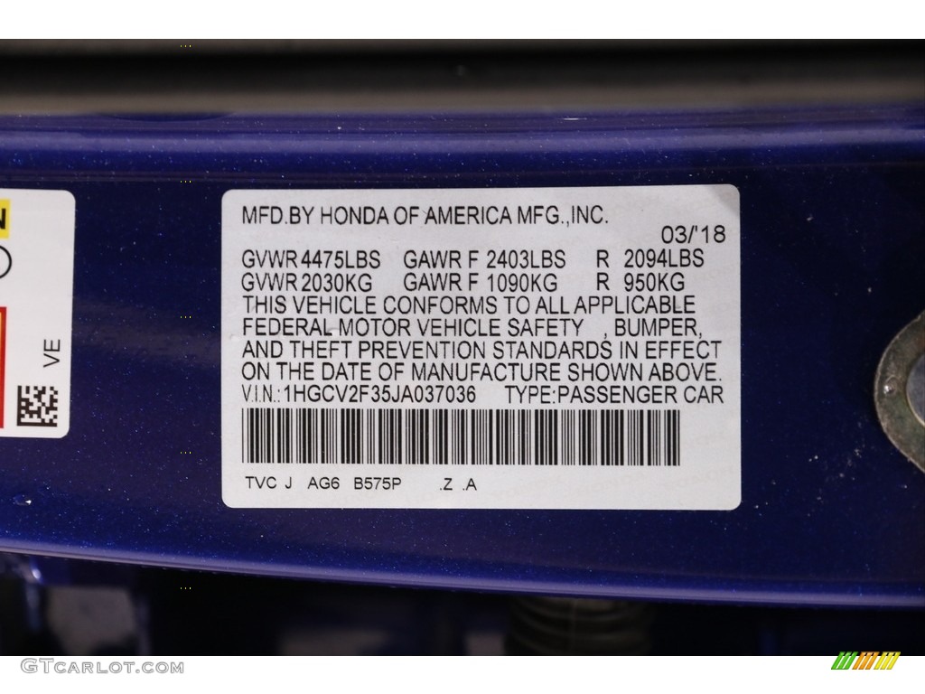 2018 Accord Color Code B575P for Still Night Pearl Photo #142269628