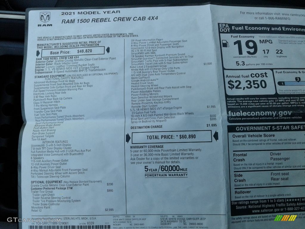 2021 Ram 1500 Rebel Crew Cab 4x4 Window Sticker Photo #142270765