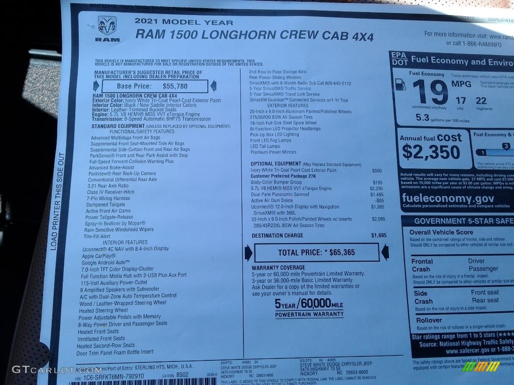 2021 1500 Long Horn Crew Cab 4x4 - Ivory White Tri-Coat Pearl / Black/New Saddle photo #34