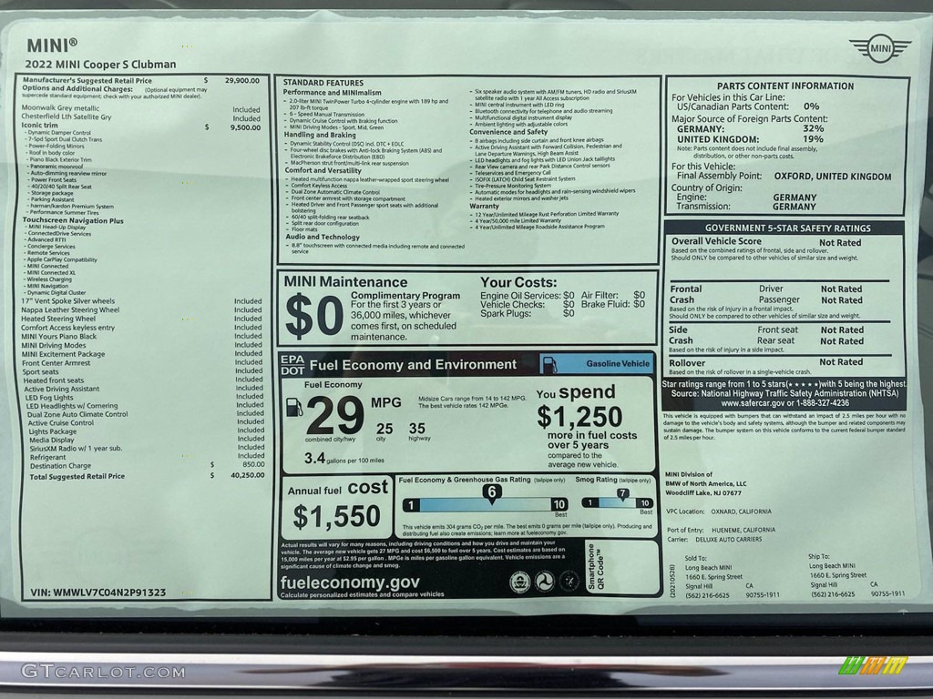2022 Mini Clubman Cooper S Window Sticker Photos