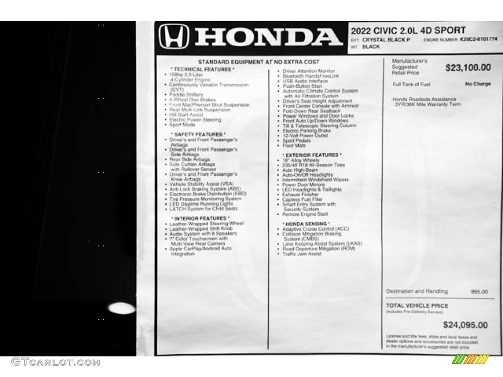 2022 Honda Civic Sport Sedan Window Sticker Photo #142289017