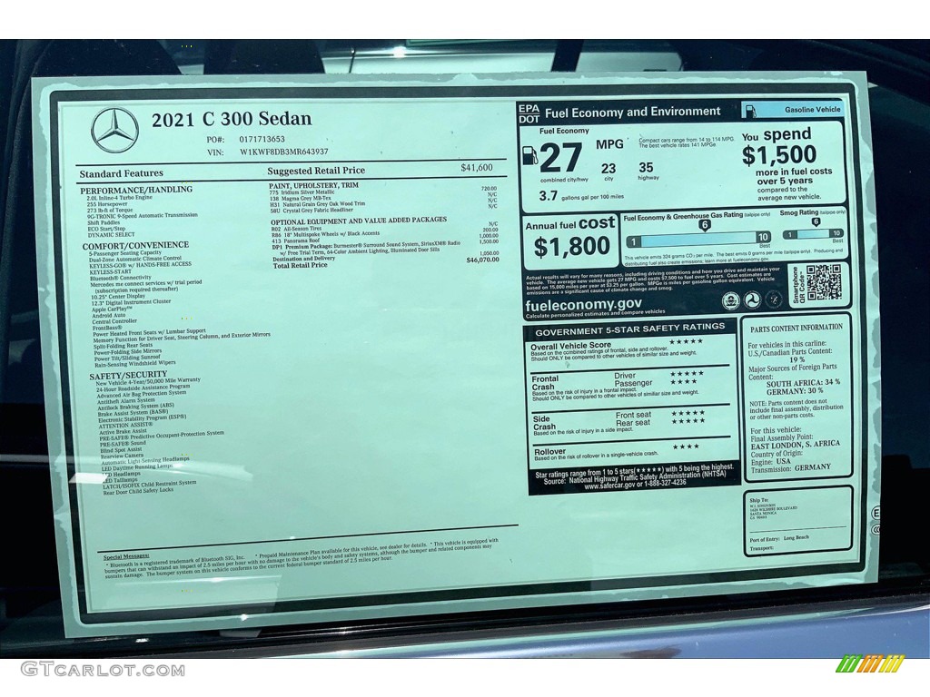 2021 Mercedes-Benz C 300 Sedan Window Sticker Photo #142290609