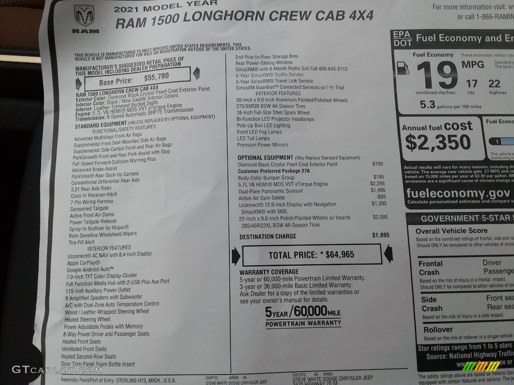 2021 Ram 1500 Long Horn Crew Cab 4x4 Window Sticker Photo #142293966