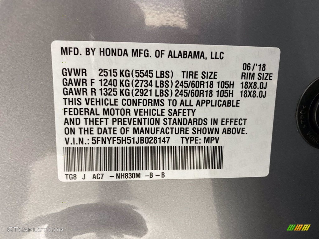 2018 Pilot EX-L - Lunar Silver Metallic / Gray photo #35
