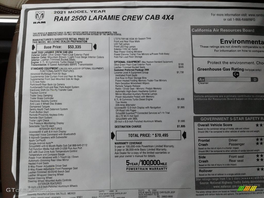 2021 Ram 2500 Laramie Crew Cab 4x4 Window Sticker Photo #142294803