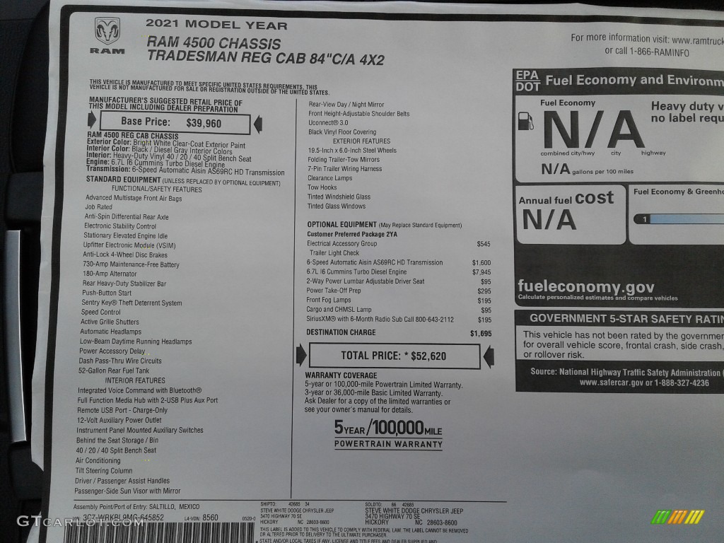 2021 Ram 4500 Tradesman Regular Cab Chassis Window Sticker Photo #142330263