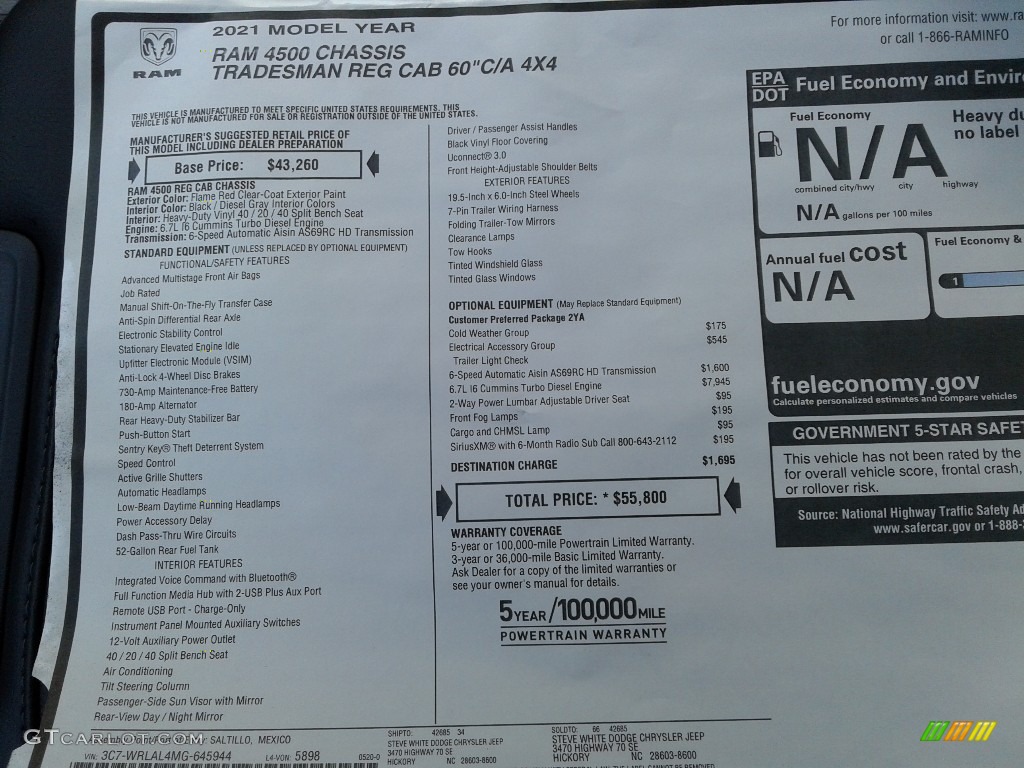 2021 Ram 4500 Tradesman Regular Cab 4x4 Chassis Window Sticker Photos