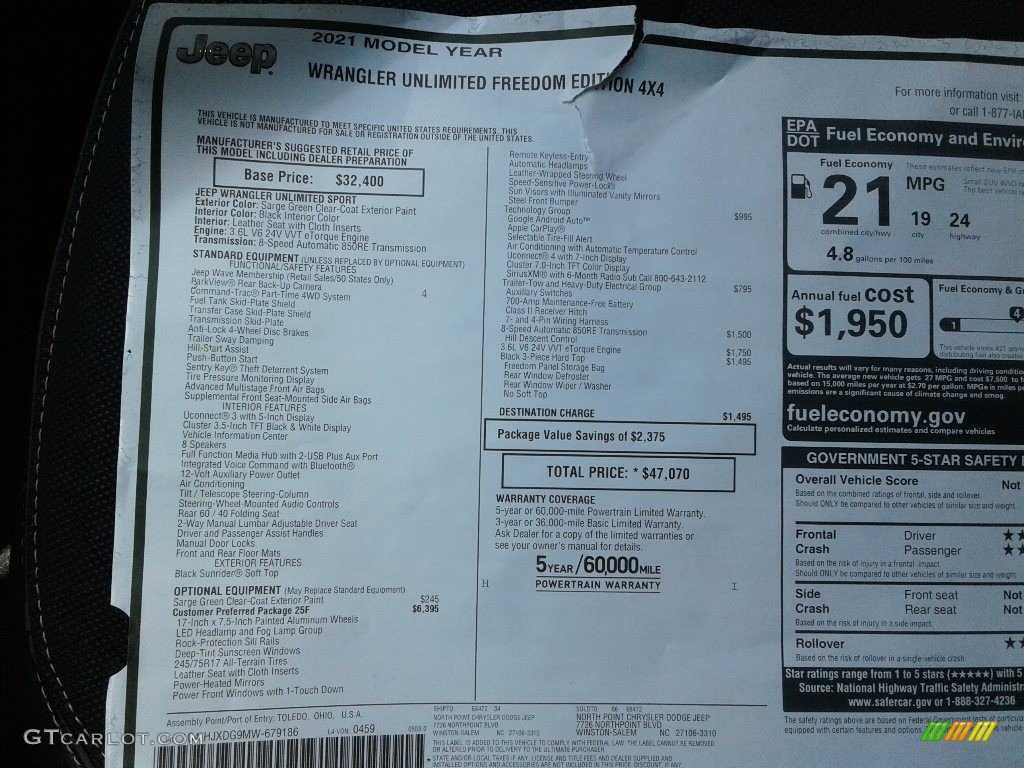 2021 Jeep Wrangler Unlimited Freedom Edition 4x4 Window Sticker Photos
